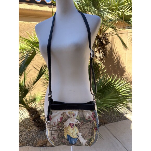 Brighton Reversible Tapestry Leather Crossbody Shoulder Bag Heart Charm Boho Vtg - Picture 2 of 14